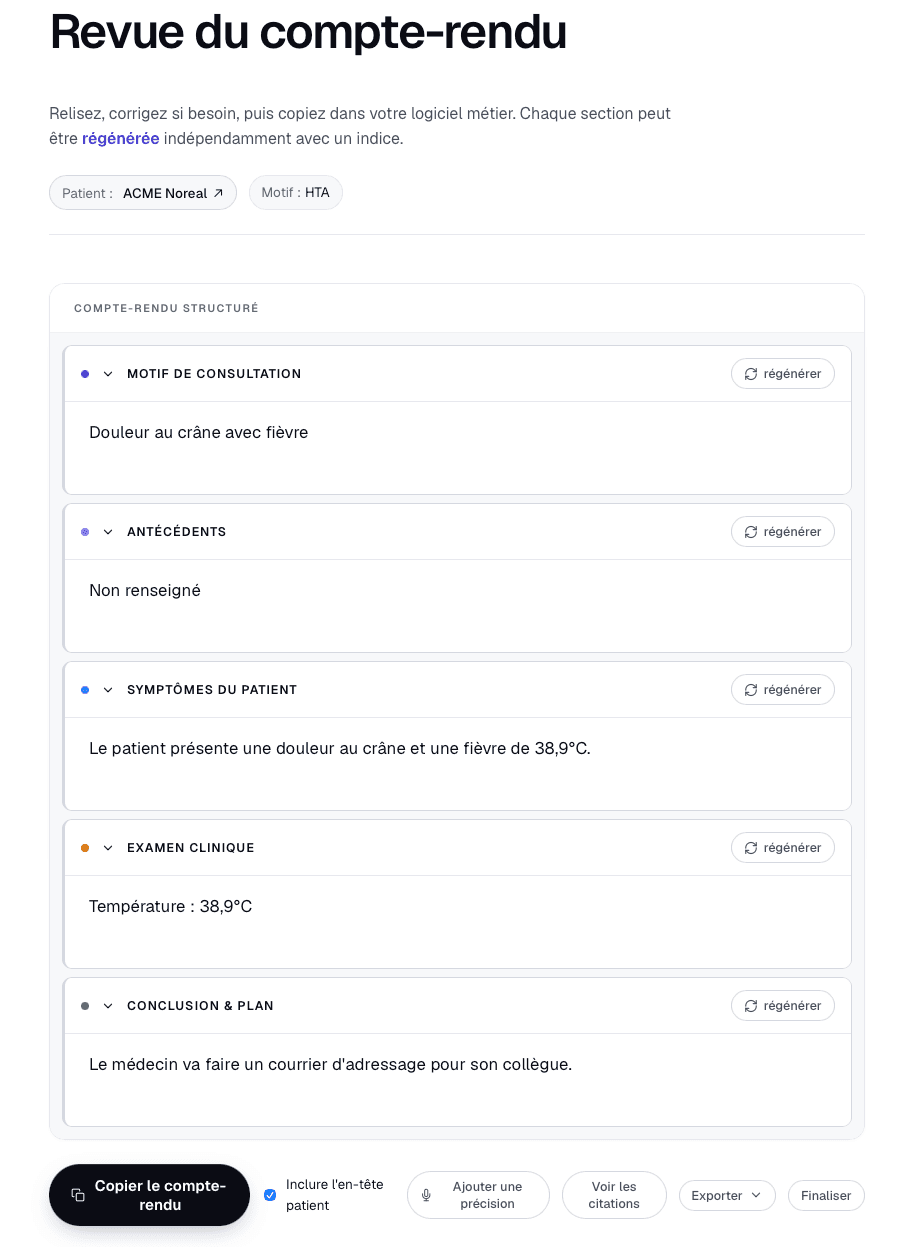 Revue du compte-rendu structuré généré par Scribe Médical